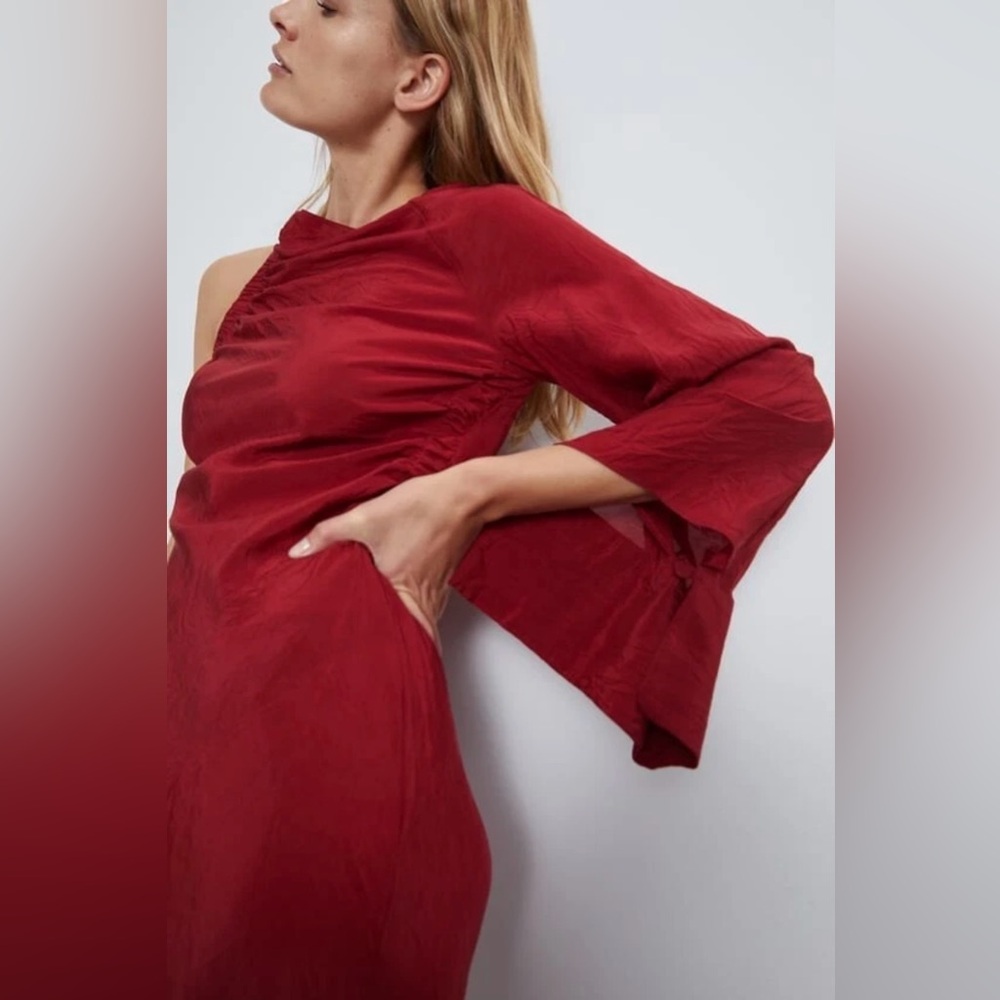 Maroon Red One Sleeve Shoulder Asymmetrical Midi Satin Formal Fancy Dress Sz L - Picture 3 of 16